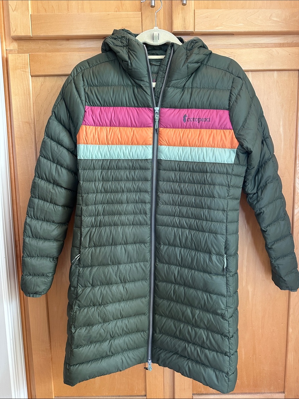 cotopaxi Olive Hooded Long Puffer Coat with Stripes